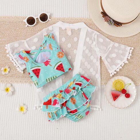 طقم تانكيني لطيف للفتيات الصغيرات مكون من قطعتين مع أغطية من الدانتيل بيكيني علوي وسروال قصير وملابس سباحة in Kuwait