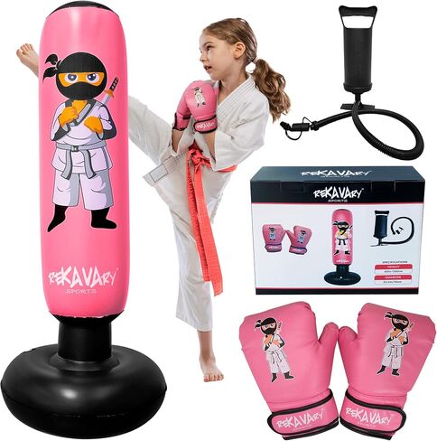 Punching Bag for Kids - 5' 3" Ninja Kids Inflatable Punching Bag Combo Kit with Kids Boxing Gloves, a Pump and Repair Kit. Boxing Bag for Immediate Bounce Back in Kuwait