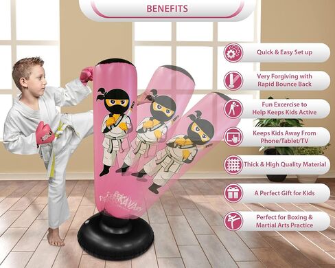 Punching Bag for Kids - 5' 3" Ninja Kids Inflatable Punching Bag Combo Kit with Kids Boxing Gloves, a Pump and Repair Kit. Boxing Bag for Immediate Bounce Back in Kuwait