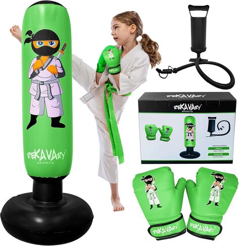 Punching Bag for Kids - 5' 3" Ninja Kids Inflatable Punching Bag Combo Kit with Kids Boxing Gloves, a Pump and Repair Kit. Boxing Bag for Immediate Bounce Back in Kuwait