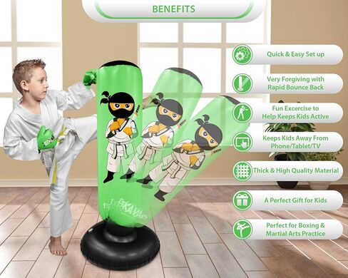 Punching Bag for Kids - 5' 3" Ninja Kids Inflatable Punching Bag Combo Kit with Kids Boxing Gloves, a Pump and Repair Kit. Boxing Bag for Immediate Bounce Back in Kuwait