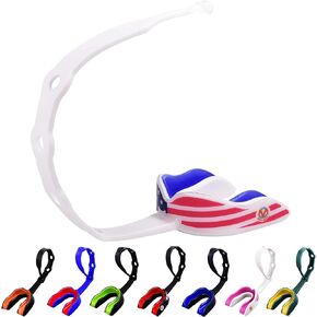 Oral Mart Strapped Mouth Guard for Football, Lacrosse, Ice Hockey, Taekwondo (USA Flag & Fangs & 12 Best Colors) - Sports Mouthguard with Connected Strap (2 Sizes: Youth / Adult) for College Football, Ice Hockey, Lacrosse (Strapped, Youth & Adult)