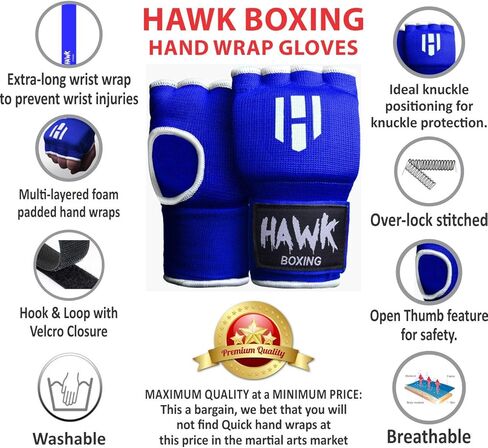 Hawk Padded Inner Gloves Training Gel Elastic Hand Wraps for Boxing Gloves Quick Wraps Men & Women Kickboxing Muay Thai MMA Bandages Fist Knuckle Wrist Wrap Protector Handwraps (Pair) in Kuwait