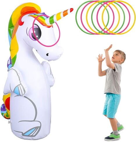 ميلانيز باور كيس ملاكمة ثلاثي الابعاد بتصميم يونيكورن قابل للنفخ، كيس رمل للاطفال مع 6 حلقات رمي للاطفال والكبار in Kuwait
