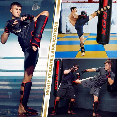 RDX Shin Guards for Kickboxing, Muay Thai and Training Pads, Maya Hide Leather Kara Instep Foam Protection, Leg Foot Protector for Martial Arts, Sparring, BJJ and Boxing Gear in Kuwait