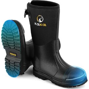 Kalkal Rubber Work Boots for Men with Steel Toe, Waterproof Durable Anti-Slip Neoprene Boot for Farming, Gardening and Outdoor Work