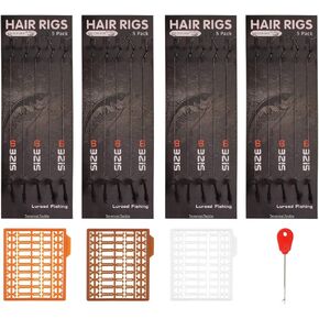Luroad Carp Fishing Hair Rigs, 20 Pcs Curved Barbed Carp Hook Anti-Tangle Swivel Braided Thread line with 3 Card Boilie Bait Stops Dumbell Stoppers and Stringer Needle