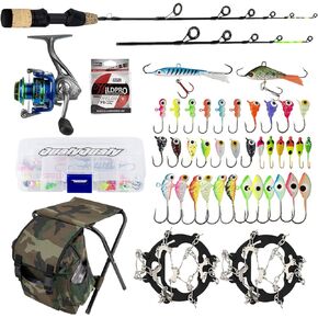 QualyQualy Ice Fishing Rod Reel Combo Complete Set Ice Fishing Gear with Backpack Seat Ice Cleats Ice Fishing Jigs Line Full Ice Fishing Kit in Kuwait