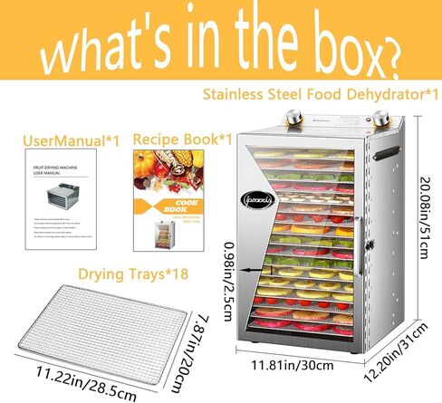 آلة تجفيف الطعام من آيبرودز، 18 صينية من الفولاذ المقاوم للصدأ، مع التحكم في الوقت ودرجة الحرارة، مجفف طعام لحوم البقر المقدد واللحوم والخضروات والفواكه، فضي in Kuwait