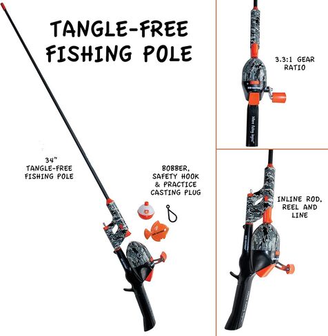 Kid Casters Black/Orange Camo No Tangle Fishing Combo with Bobber, Practice Casting Plug in Kuwait