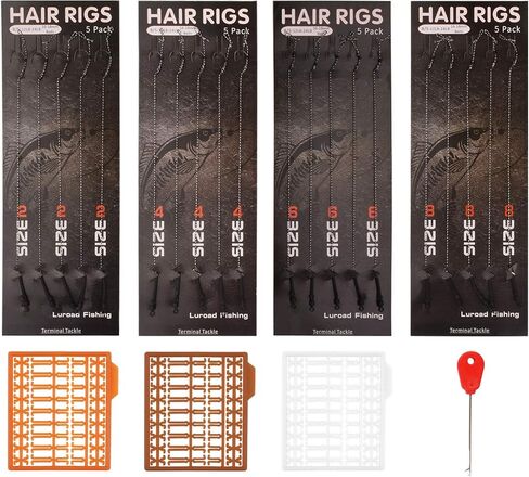 Carp Fishing Hair Rigs, 20 Pcs Curved Barbed Carp Hook Anti-Tangle Swivel Braided Thread line with 3 Card Boilie Bait Stops Dumbell Stoppers and Stringer Needle in Kuwait