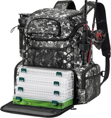 Piscifun Fishing Tackle Backpack with Rod Holders & 4 Tackle Boxes, Waterproof Rain Cover, Bottle Holder, Large Water-resistant Fishing Bag Store Fishing Gear & Equipment for Fishing, Camping, Hiking in Saudi Arabia