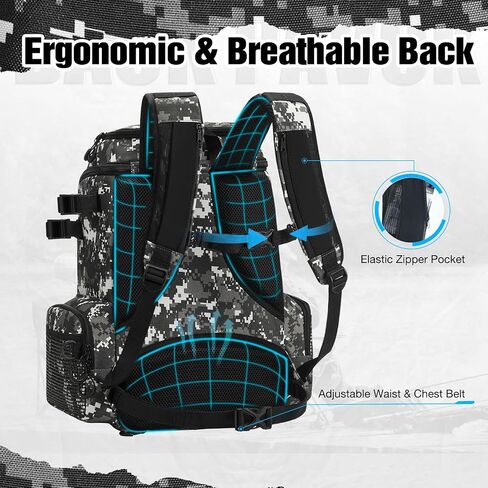 Piscifun Fishing Tackle Backpack with Rod Holders & 4 Tackle Boxes, Waterproof Rain Cover, Bottle Holder, Large Water-resistant Fishing Bag Store Fishing Gear & Equipment for Fishing, Camping, Hiking in Saudi Arabia