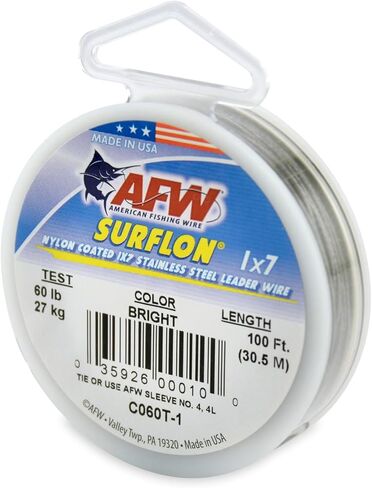 American Fishing Wire Surflon, Nylon Coated 1x7 Stainless Steel Leader Wire, 60 lb Test, 032" Diameter, Bright, 100 ft in Saudi Arabia