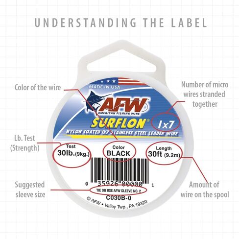 American Fishing Wire Surflon, Nylon Coated 1x7 Stainless Steel Leader Wire, 60 lb Test, 032" Diameter, Bright, 100 ft in Saudi Arabia