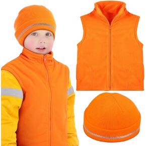 Haull 2 Pcs Kids Hunting Orange Fleece Vest and Beanie Set Orange High Visibility Reflective Hunting Safety Vests
