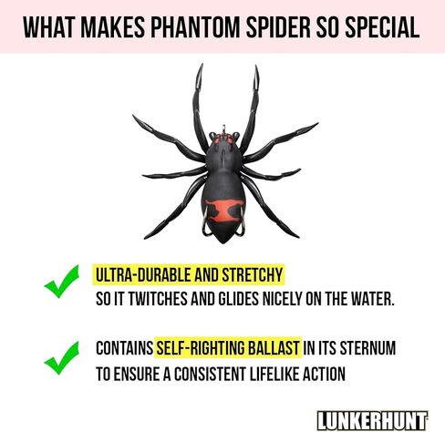 LUNKERHUNT Phantom Spider Lure for Bass Fishing (2.5 Inch) | Topwater Spider Fishing Lure with Natural Walking Action | Soft Hollow Body Weedless Hooks for Trout and Pike in Kuwait