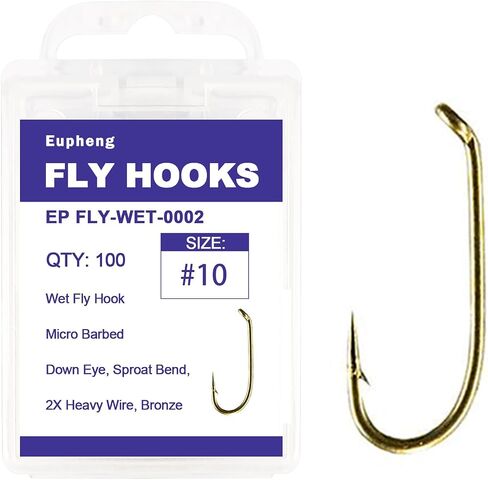 Eupheng Fly Fishing Hooks 100pc Pack Micro Barbed High Carbon Steel Bronze Forged for Dry Flies, Curved Nymphs, Shrimp,Caddis Pupa in Saudi Arabia