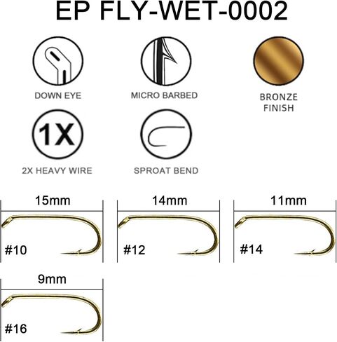 Eupheng Fly Fishing Hooks 100pc Pack Micro Barbed High Carbon Steel Bronze Forged for Dry Flies, Curved Nymphs, Shrimp,Caddis Pupa in Saudi Arabia