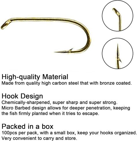 Eupheng Fly Fishing Hooks 100pc Pack Micro Barbed High Carbon Steel Bronze Forged for Dry Flies, Curved Nymphs, Shrimp,Caddis Pupa in Saudi Arabia