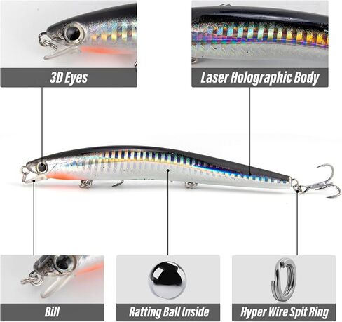 Dr.Fish Saltwater Fishing Lures Kit 5" Surf Fishing Sriper Saltwater Minnow Lures Mustad Hooks Jerkbait Popper Plugs Inshore Offshore Mackerel Tarpon Barracuda in Kuwait