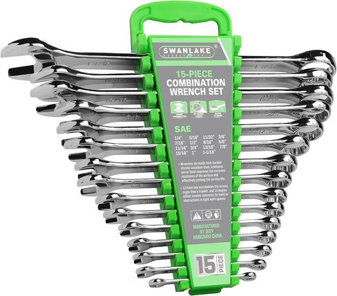 SWANLAKE GARDEN TOOLS مجموعة مفاتيح ربط مكونة من 15 قطعة SAE، مجموعة مفاتيح ربط ممتازة على شكل V، SAE 1/4 بوصة إلى 1 بوصة، أقصى عزم دوران، 12 نقطة، فولاذ الفاناديوم الكروم، مع رف تخزين in Kuwait