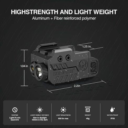 مصباح يدوي تكتيكي SOLOFISH 500lm متوافق مع السكة، شعاع أخضر/أحمر/أزرق ومجموعة LED بيضاء مع ستروب in Kuwait