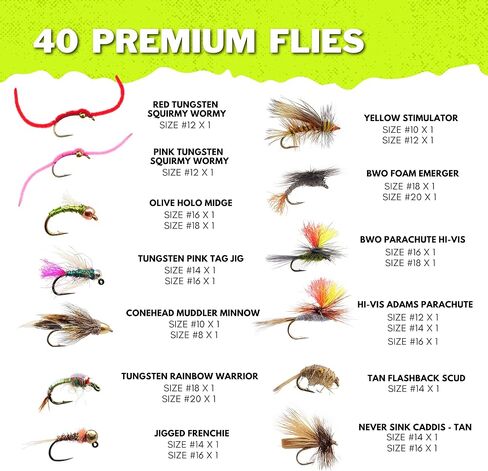 مجموعة ذبابة صيد السمك من ذا فلاي كريت | 40 تشكيلة ذباب صيد ممتازة لسمك السلمون المرقط | الذباب الجاف، الحورية، الرطب، اللافتات، الذباب الصوفي | طقم مجموعة طعم سمك السلمون المرقط in Kuwait