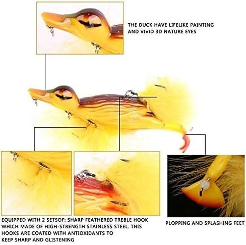 1piece 3D Duck Topwater Fishing Lure Yellow Duckling Floating Artificial Bait Plopping and Splashing Feet Hard Fishing Tackle Geer 12cm 28g in Kuwait