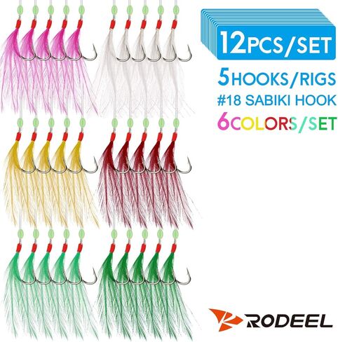 12 عبوة من 12 قطعة / 60 سنانير ماكريل ريش البحر قارب شاطئ رصيف طُعم صنارة صيد طُعم من روديل، 5 مواضع للخطاطيف / حزمة ريش، 6 ألوان in Kuwait