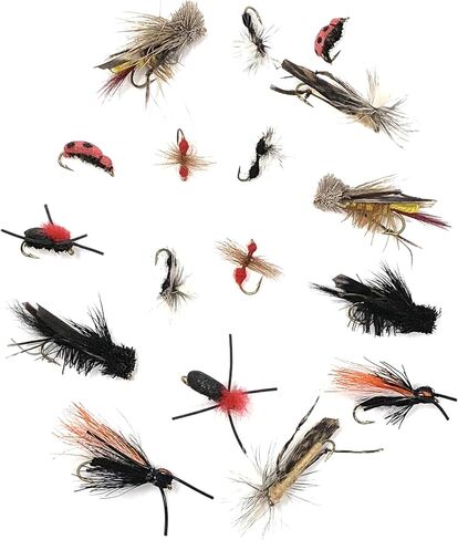 Feeder Creek 16pc Terrestrial Fly Assortment - 8 Patterns in 2 Sizes Includes Hopper, Ants, Beetles, Cricket, Cicada and Lady Bug for Trout, Bass, Salmon and Other Freshwater Fish in Saudi Arabia