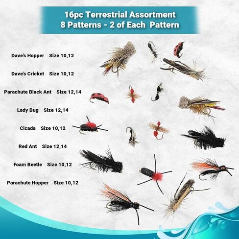 Feeder Creek 16pc Terrestrial Fly Assortment - 8 Patterns in 2 Sizes Includes Hopper, Ants, Beetles, Cricket, Cicada and Lady Bug for Trout, Bass, Salmon and Other Freshwater Fish in Saudi Arabia