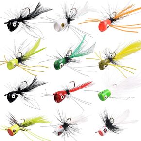 Fly Fishing Popper Lures Kit,Bass Popper Flies Dry Fly Fishing Flies Topwater Panfish Bluegill Popper Bait Bug with Hooks for Freshwater