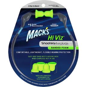 Mack’s Hi Viz Banded Foam Shooting Earplugs, 3 Pair with Band - Most Visible Color, Easy Compliance Checks, 28dB High NRR - Comfortable, Safe Ear Plugs for Hunting, Tactical, Target, Skeet and Trap
