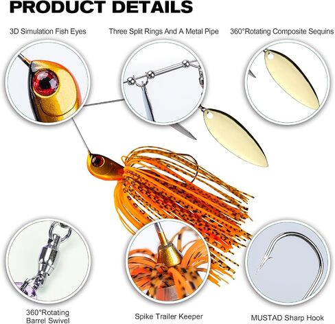 Goture Bass Fishing Lures Spinner Baits Kit, Hard Metal Top Brand Hooks Spinner Baits 5/10/15 Pcs Swimbait Jig Lure Willow Blades, Freshwater Saltwater Spinner Baits for Bass Trout Fishing 1/2Oz 3/8Oz in Saudi Arabia