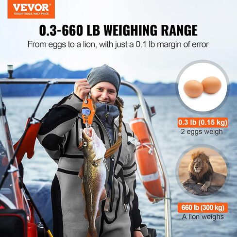 مقياس الرافعة الرقمي VEVOR، 660 رطل/300 كجم، مقياس معلق صناعي عالي التحمل مع علبة من الألومنيوم المصبوب وشاشة LCD، رافعة صغيرة محمولة مع خطافات للمزرعة والصيد وصيد الأسماك في الهواء الطلق والجراج (برتقالي) in Kuwait