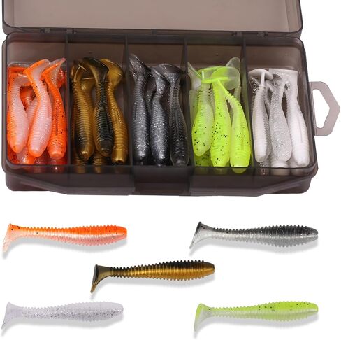 Paddle Tail Swimbait, 40 PCs Ribbed 3 Inch Soft Plastic Fishing Lure Baits for Bass Fishing with Tackle Box Included in Kuwait
