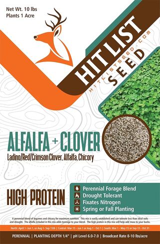 HIT LIST SEED® Alfalfa + Clover Food Plot Seeds for Deer [Perennial] - Food Plot Seed Perennial - Deer Plot Seed Mix - Ladino/Red/Crimson Clover, Alfalfa, Chicory - Spring & Fall Planting - 5 lbs in Kuwait