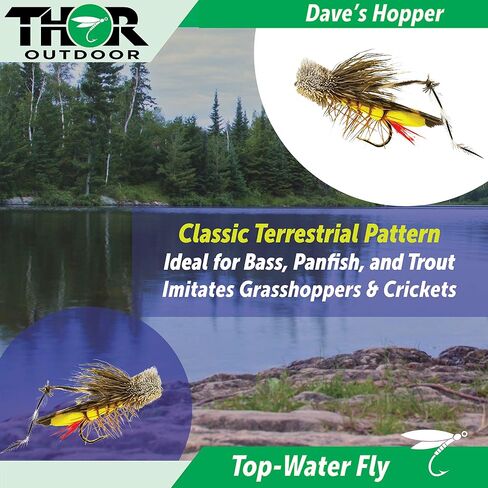 Dave's Hopper Dry Fly Fishing Set - 6 Pcs, Hook Size #10 - Topwater Terrestrial Grasshopper Flies for Bass, Panfish, Trout by Thor Outdoor in Saudi Arabia