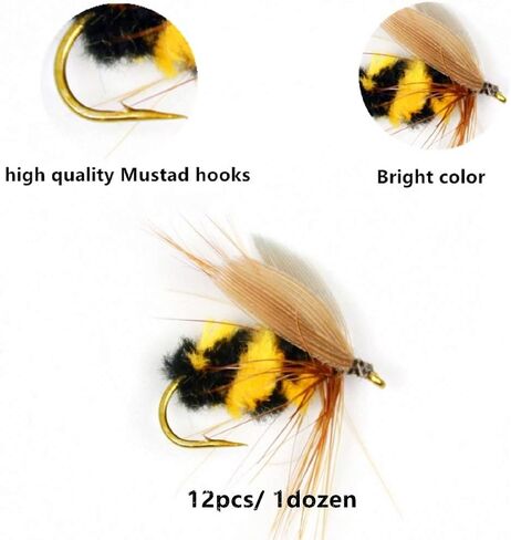 ZZWIF Fly Fishing Lures Bee Flies Fishing Kit Dry Flies Kit Insect Lures Hooks High Simulation Bass Salmon Trout Floating/Sinking 12 Pcs in Kuwait