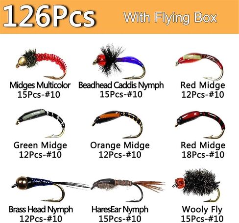 OutdoorFishing Fly Fishing Flies Kit Fly Assortment Trout Bass Fishing with Fly Box, 33/48/72/100/114/148pcs with Dry/Wet Flies, Nymphs, Streamers, Popper in Saudi Arabia
