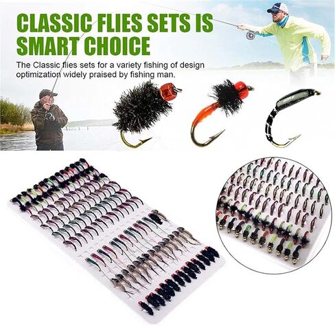 OutdoorFishing Fly Fishing Flies Kit Fly Assortment Trout Bass Fishing with Fly Box, 33/48/72/100/114/148pcs with Dry/Wet Flies, Nymphs, Streamers, Popper in Saudi Arabia