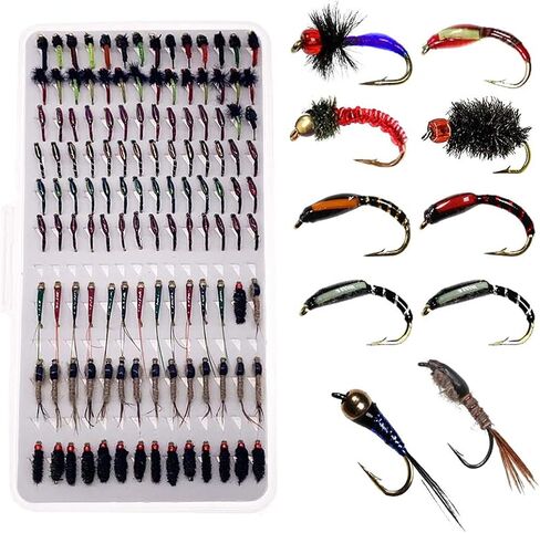 OutdoorFishing Fly Fishing Flies Kit Fly Assortment Trout Bass Fishing with Fly Box, 33/48/72/100/114/148pcs with Dry/Wet Flies, Nymphs, Streamers, Popper in Saudi Arabia