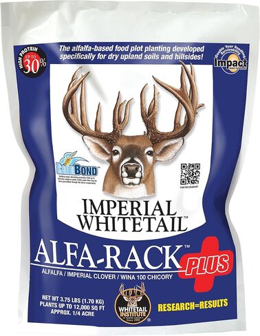 Whitetail Institute Alfa-Rack Plus Deer Food Plot Seed، مزيج معمر من الأعلاف ذات الجذور العميقة التي تزدهر على قمم التلال وسفوح التلال، مغذية للغاية وجذابة للغزلان، 3.75 رطل (.25 فدان) in Kuwait