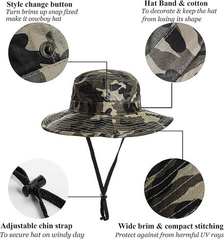 Boys Camo Sun-Bucket-Hat-Kids-Fishing-Hat-Boonie-Cap-Safari 2-14Yrs in Kuwait