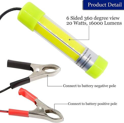 AGOOL Underwater Fishing Light 20W 16000 Lumens Green Fishing Light 12V 20ft Cord LED Submersible Fishing Bait Finder Deep Drop Night Fishing Light for Shrimp, Prawns, Squid Fish in Saudi Arabia