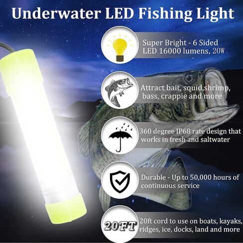 AGOOL Underwater Fishing Light 20W 16000 Lumens Green Fishing Light 12V 20ft Cord LED Submersible Fishing Bait Finder Deep Drop Night Fishing Light for Shrimp, Prawns, Squid Fish in Saudi Arabia