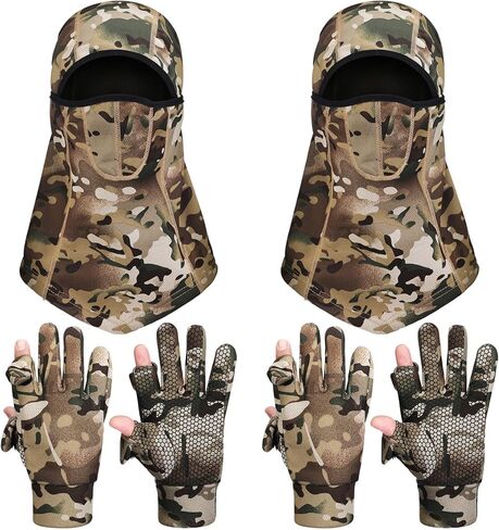 Blulu 2 أزواج قفازات الصيد المموهة للرجال 2 قطعة غطاء وجه مموه كامل قفازات خفيفة الوزن قناع بالاكلافا قناع تكتيكي مضاد للانزلاق قفاز الصيد للمشي لمسافات طويلة في الهواء الطلق وركوب الدراجات وأنشطة التزلج in Kuwait