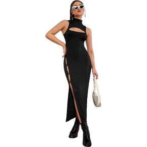 Verdusa Women's Mock Neck Cut Out Split Thigh Sleeveless Long Bodycon Dress