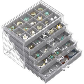 منظم مجوهرات هارمون وانديير الأكريليك، صندوق مجوهرات شفاف مع 5 أدراج، حافظة عرض منظم لتخزين الأقراط الشفافة للنساء والفتيات، رمادي in Kuwait